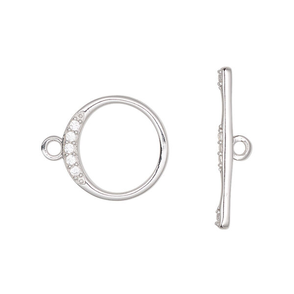 Clasp, toggle, cubic zirconia and rhodium-plated sterling silver, clear, 16mm hand-cut round. Sold individually. image number 0