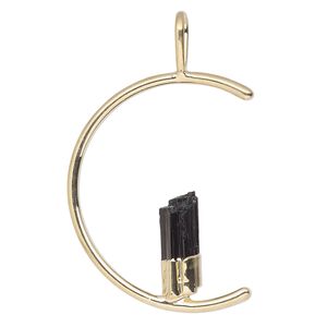 Pendant, Everyday Jewelry, gold-plated brass and black tourmaline (natural), 45x23mm-47x25mm open half round. Sold individually.