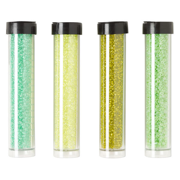 Seed bead assortment, Ming Tree™, glass, pkg/(4) 4 x 3/4 inch vials, #11 round, opaque and transparent silver-lined ceylon yellow, green, kiwi green and mint green. image number 0