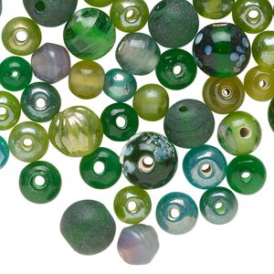 Bead mix, glass, translucent multi-green luster, 6-9mm round with silver-colored foil. Sold per 2-ounce pkg, approximately 135 beads.