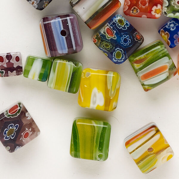 Bead 1pkg1 millefiori glass, opaque and translucent mixed colors, 6-10mm diagonally-drilled cube, 2 ounce. image number 0