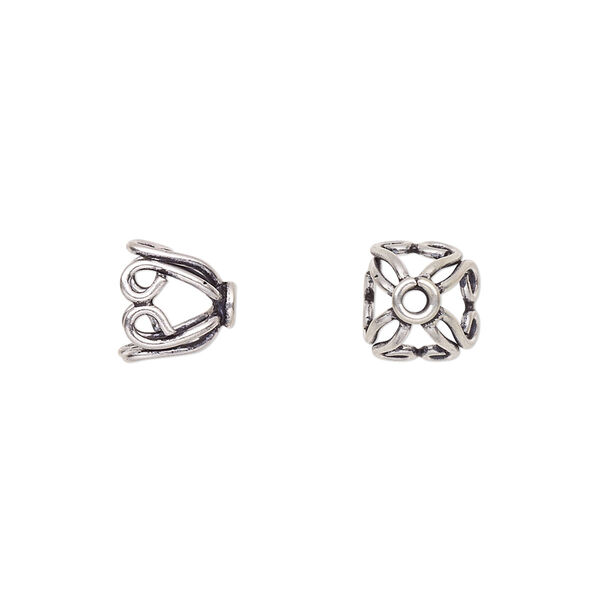Bead cap, antiqued sterling silver, 11x8.5mm open round with scroll design, fits 8-12mm bead. Sold per pkg of 4. image number 0