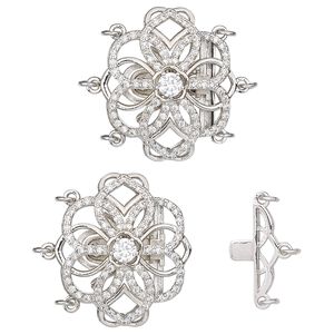 Clasp tab 1pkg1 rhodium-plated, 26x23mm domed open flower / 3.5mm jump ring, brass / clear cubic zirconia 3-strand