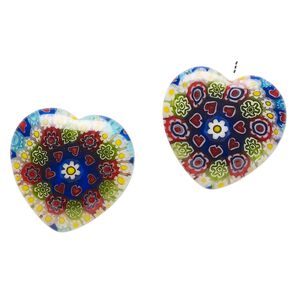 Bead, millefiori glass, translucent multicolored, 18-20mm half-drilled puffed heart with flower and heart design. Sold per pkg of 2.
