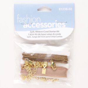 Cord and finding assortment, steel / organza / cotton, pkg/17, gold finish and brown, assorted sizes and shapes.