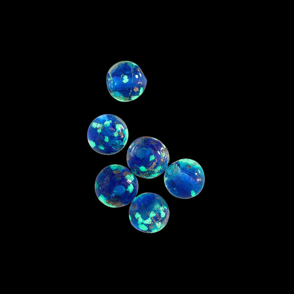 Bead, lampworked glass, clear / cobalt blue / glow-in-the-dark / gold, 6mm round. Sold per pkg of 6. image number 1