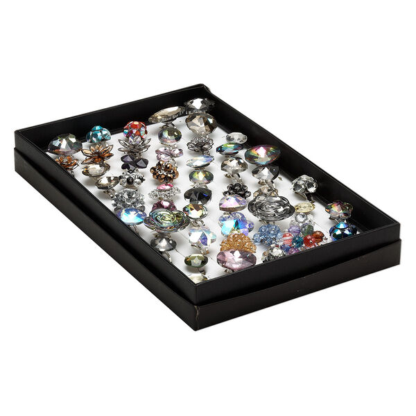Ring mix, Everyday Jewelry, imitation rhodium-plated steel /glass / acrylic, multicolored. Sold per pkg of 50. image number 0