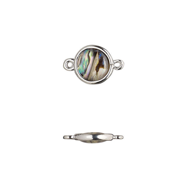 Link, paua shell and imitation rhodium-finished brass (assembled), 9.5-10.5mm double-sided round. Sold per pkg of 4. image number 0