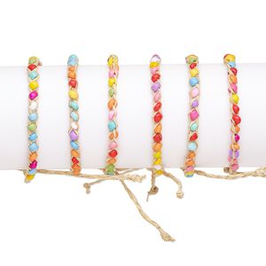 Bracelet, Everyday Jewelry, glass and raffia wood, multicolored, adjustable up to 10 inches with tie closure. Sold per pkg of 6.
