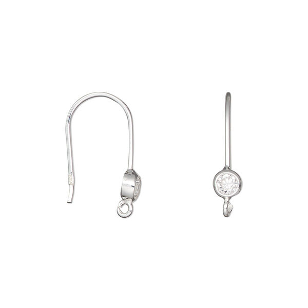 Ear wire, sterling silver and cubic zirconia, clear, 17.5mm fishhook with 3mm round and open loop, 20 gauge. Sold per pair. image number 0