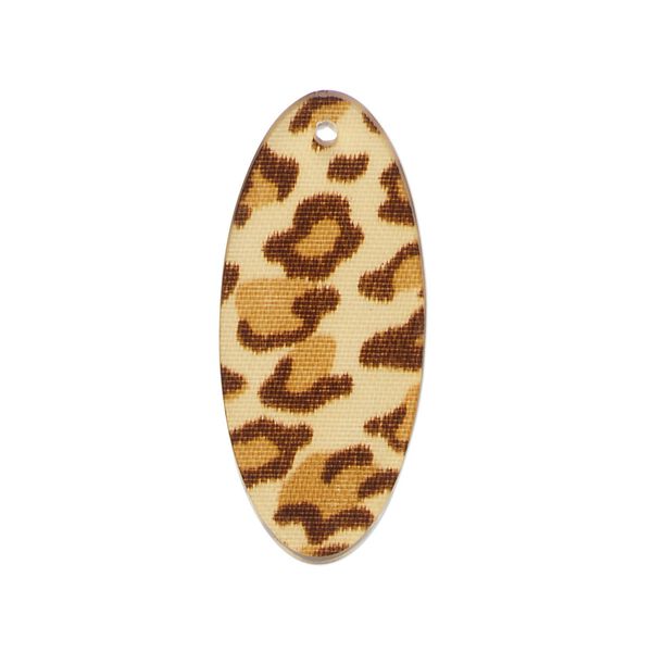 Focal, acrylic, brown and yellow, 32x14mm double-sided flat oval with leopardskin pattern. Sold per pkg of 20. image number 0