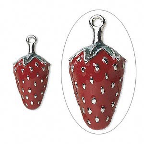 Charm, silver-plated "pewter" (zinc-based alloy) and enamel, red and green, 17x11.5mm double-sided strawberry with leaves. Sold per pkg of 2. image number 0