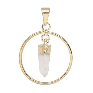 Pendant, Everyday Jewelry, gold-plated brass and quartz crystal (natural), 30x25mm-32x27mm open round. Sold individually.