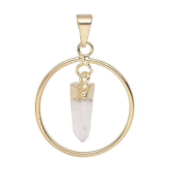 Pendant, Everyday Jewelry, gold-plated brass and quartz crystal (natural), 30x25mm-32x27mm open round. Sold individually. image number 0