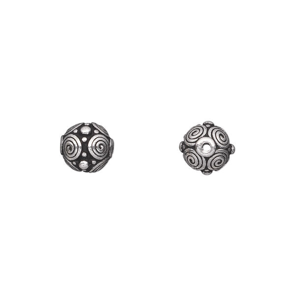 Bead, TierraCast®, antique silver-plated pewter (tin-based alloy), 8mm round with spirals and dots design. Sold per pkg of 20. image number 0