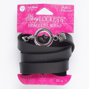 Bracelet, wrap, faux leather / silver-finished "pewter" (zinc-based alloy) / steel, black, 12mm wide, 22 inches with 2 lobster claw clasps. Sold individually.