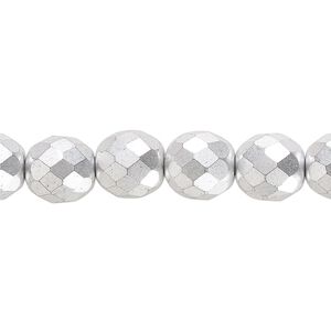 Bead, Czech fire-polished glass, opaque satin silver, 10mm faceted round. Sold per 15-1/2" to 16" strand, approximately 40 beads.