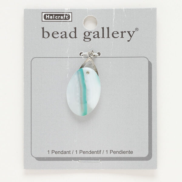 Pendant, antique silver-finished "pewter" (zinc-based alloy) and branded green agate (dyed), 26x17mm oval. Sold individually. image number 0