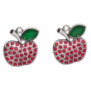 Charm, antique silver-finished "pewter" (zinc-based alloy) and glass, red and green, 23x22mm apple. Sold per pkg of 2.
