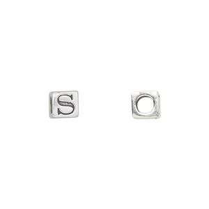Bead, sterling silver, 5.5mm cube with alphabet letter "S." Sold individually.