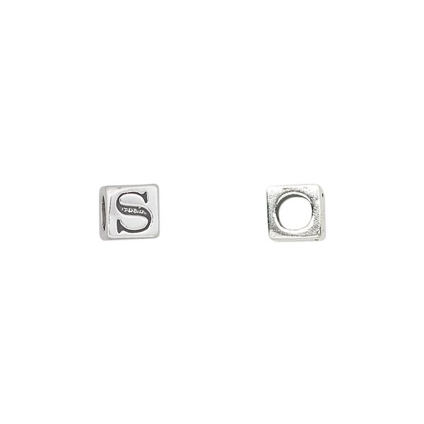 Bead, sterling silver, 5.5mm cube with alphabet letter "S." Sold individually. image number 0