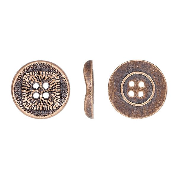 Button, antiqued copper-finished "pewter" (zinc-based alloy), 15mm single-sided wavy flat round with textured square design. Sold per pkg of 20. image number 0