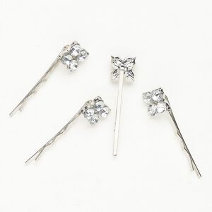 Brass / acrylic 1pkg4, hair pin / flower silver finish / clear 1-1/2 inch