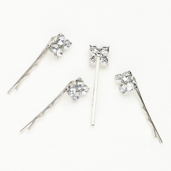 Brass / acrylic 1pkg4, hair pin / flower silver finish / clear 1-1/2 inch image number 0