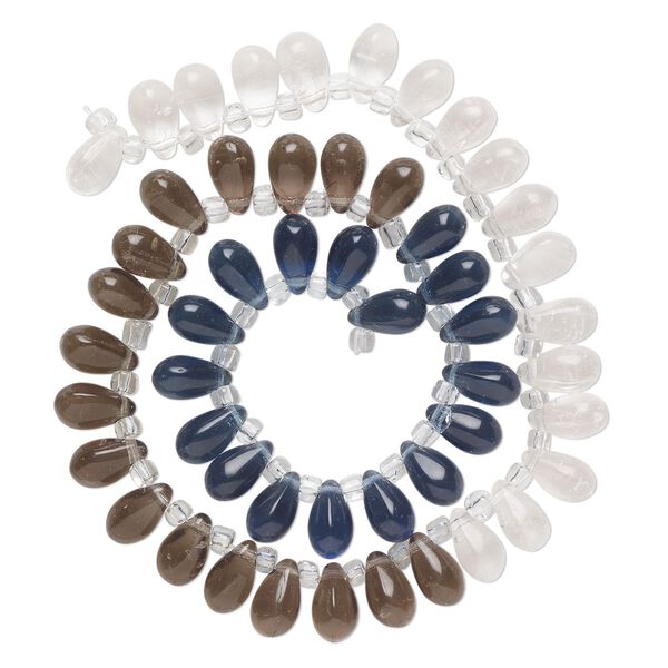 Bead, glass, transparent clear, dark blue and smoke, 11x7mm top-drilled teardrop with irregular rondelles. Sold per 14-inch strand. image number 0