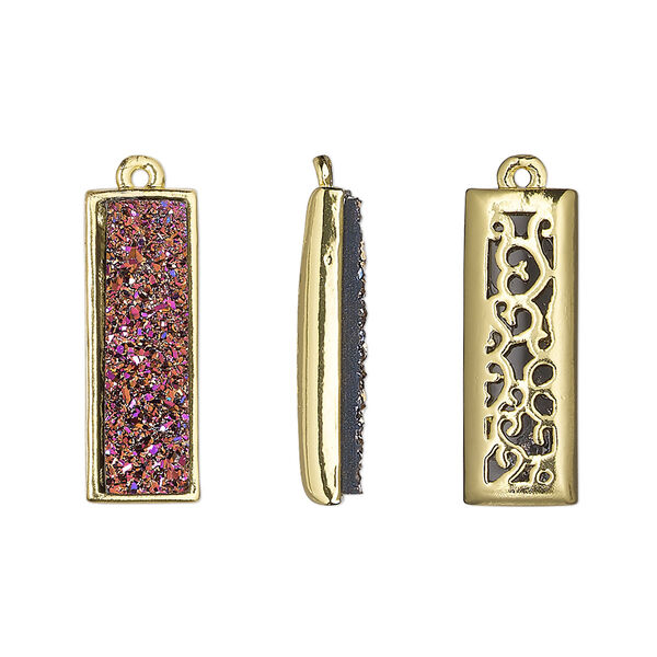 Drop, Druzylite™, "druzy" (resin) and gold-finished brass, metallic purple, 21x8mm two-sided rectangle with open filigree back. Sold per pkg of 4. image number 0