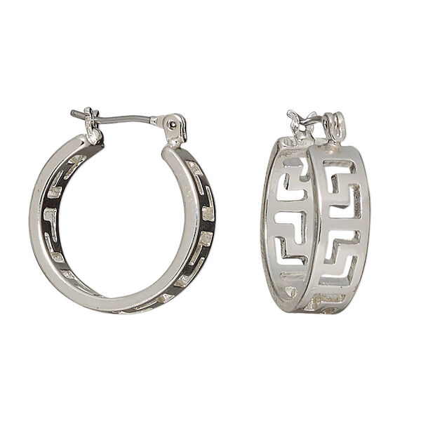 Earring, silver-plated steel and "pewter" (zinc-based alloy), 20mm round hoop with Greek key cutout design and latch-back closure. Sold per pair. image number 0