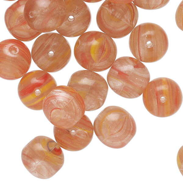 Bead, Czech pressed glass, translucent peach / red / yellow, 10mm round with swirl design. Sold per 2-ounce pkg, approximately 40 beads. image number 0