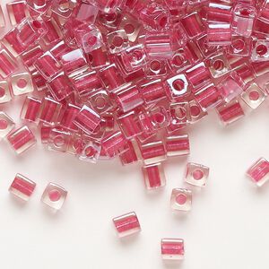 Seed bead, Miyuki, glass, pkg/25g, 3.5-3.7mm square, transparent metallic pink inside dyed color clear (SB-2603).