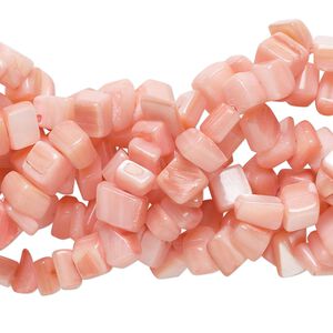 Bead, mother-of-pearl shell (dyed), salmon, small chip, Mohs hardness 3-1/2. Sold per pkg of (6) 6-inch strands, approximately 260 beads.