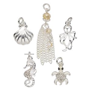 Charm mix, silver-finished brass / silver-finished steel / plastic, clear / black / white, 14x13mm single-sided sea life-themed. Sold per 5-piece set.