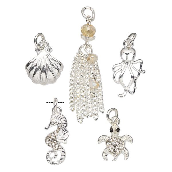 Charm mix, silver-finished brass / silver-finished steel / plastic, clear / black / white, 14x13mm single-sided sea life-themed. Sold per 5-piece set. image number 0