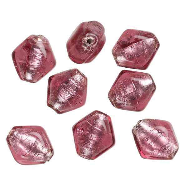 Bead, lampworked glass, opaque pink, 16x15mm-14x12mm puffed kite with silver-colored foil. Sold per pkg of 8. image number 0
