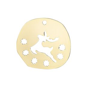 Drop, gold-finished steel, 27mm two-sided domed irregular round with cutout deer and flowers. Sold per pkg of 2.