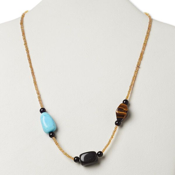 Necklace, multi-gemstone (natural / dyed / stabilized) / glass / silver- or antiqued gold-finished "pewter" (zinc-based alloy), honey AB and multicolored, 17 inches with lobster claw clasp. Sold individually. image number 0