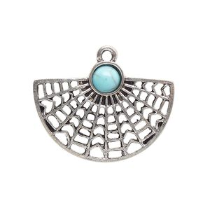 Focal, antique silver-finished "pewter" (zinc-based alloy) and "turquoise" (resin) (imitation), turquoise blue, 30x22mm single-sided fan. Sold per pkg of 4.