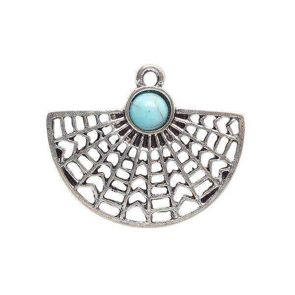 Focal, antique silver-finished "pewter" (zinc-based alloy) and "turquoise" (resin) (imitation), turquoise blue, 30x22mm single-sided fan. Sold per pkg of 4. image number 0
