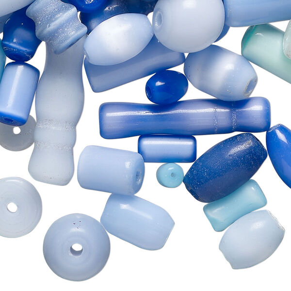 Bead mix, cat's eye glass, opaque multi-blue, 3x2mm-29x7mm mixed shapes. Sold per 4-ounce pkg, approximately 300 beads. image number 0