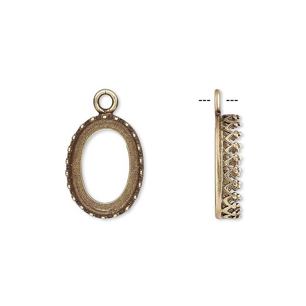 Drop, JBB Findings, antiqued brass, 15x11mm oval with open back and decorative trim, 14x10mm oval bezel setting. Sold per pkg of 2. image number 0