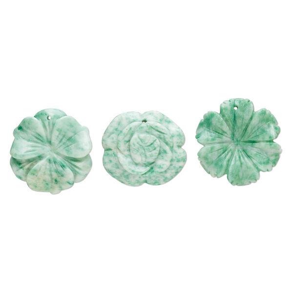 Ching hai "jade" 1pkg3, top-drilled carved flower focal natural B grade, mix 34x30mm-36x36mm image number 0