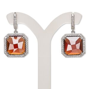 Earring, cubic zirconia / glass / rhodium-plated brass, red and clear, 27mm with square and post with latch-back closure. Sold per pair.