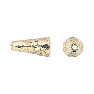 Cone, pewter (tin-based alloy), pkg/1, antique gold plate, 18x10mm hammered round, fits 8-10mm bead.