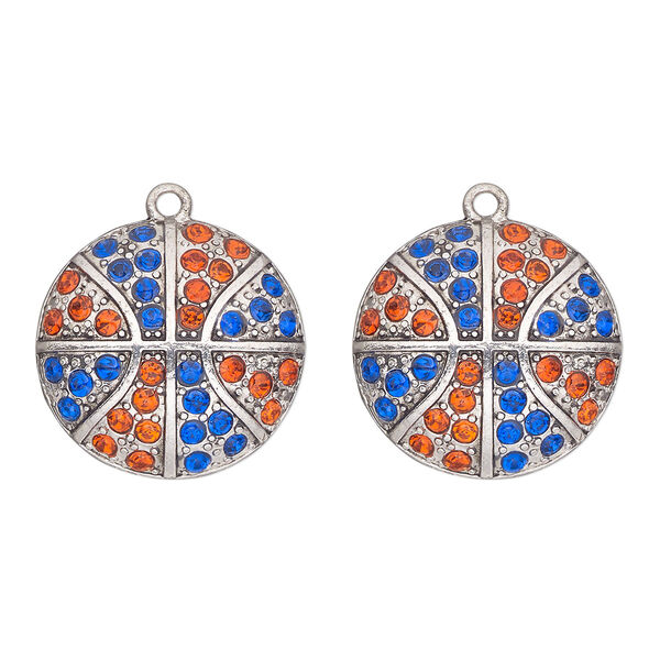 Charm, antique silver-finished "pewter" (zinc-based alloy) and glass, blue and orange, 24mm single-sided basketball. Sold per pkg of 2. image number 0