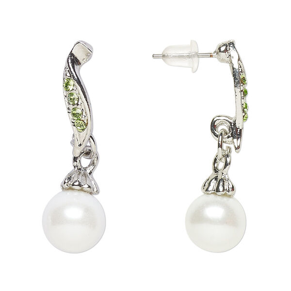 Earring, Everyday Jewelry, antique silver-finished "pewter" (zinc-based alloy) / glass / acrylic pearl, green and white, 33mm with post. Sold per pair. image number 0