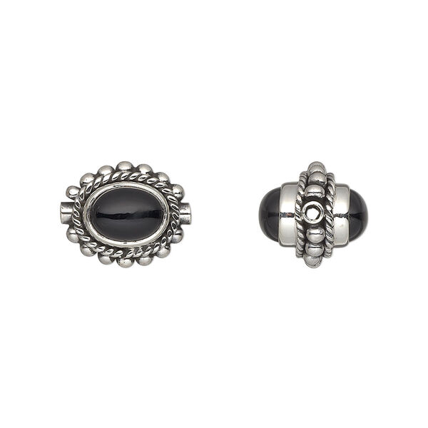 Black onyx / sterling silver 1pkg1, antiqued oval bead 8x6mm setting 13x11mm image number 0