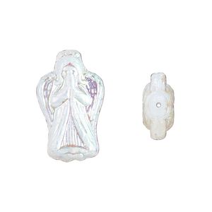 Bead, Preciosa, Czech pressed glass, opaque light opal AB, 23x13mm angel. Sold per pkg of 5.